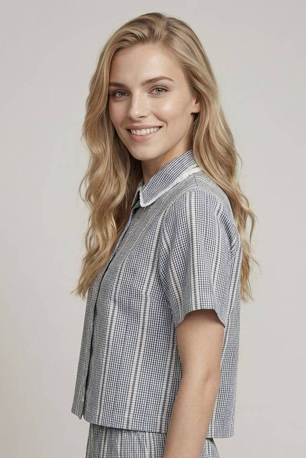 Jacquard Gingham Button Front Boxy Shirt in Navy
