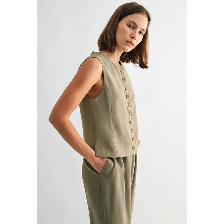 Crew Neck Vest Top in Light Olive Green