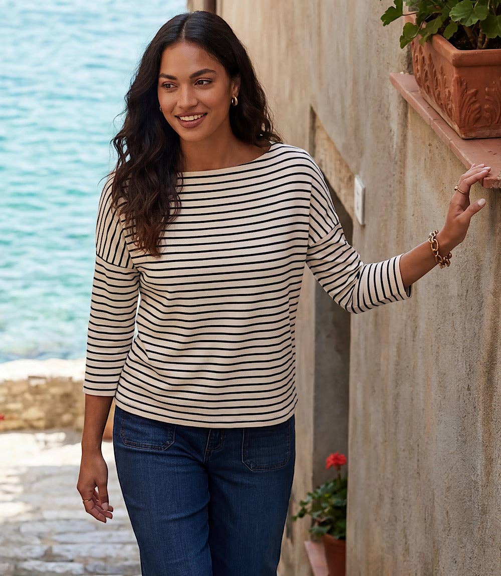 Petite Size Stripe 3/4 Sleeve Boatneck Top