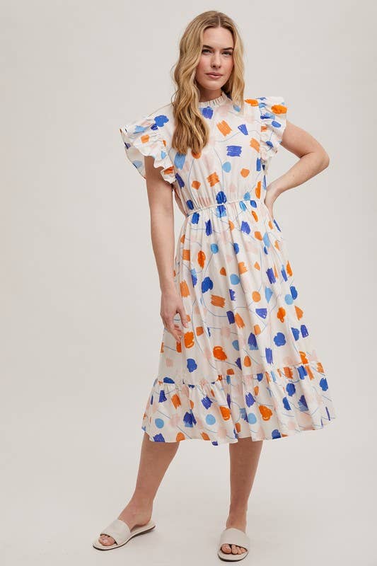 Geo Print Ruffle Sleeve Midi Dress
