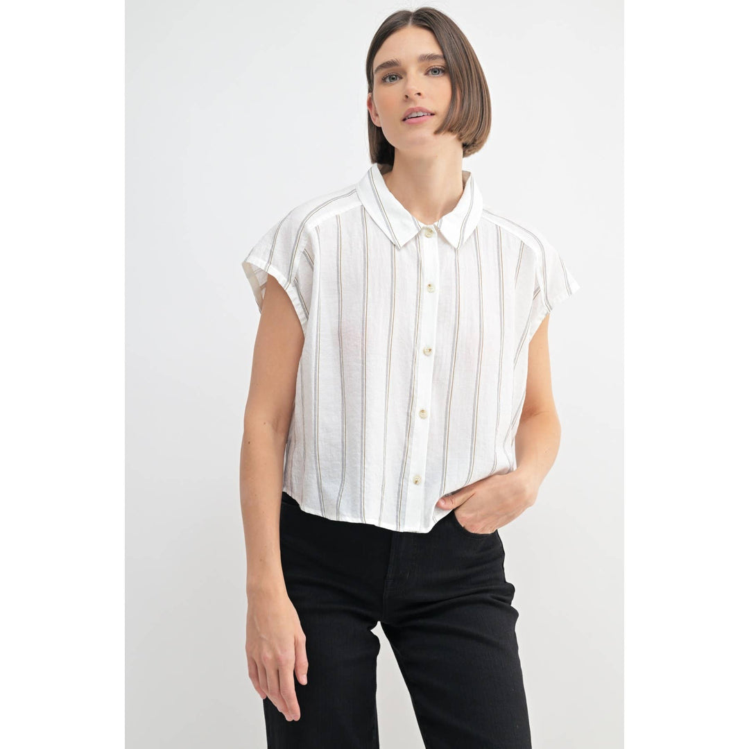 Dolman Sleeve Button Down Shirt in White Stripe
