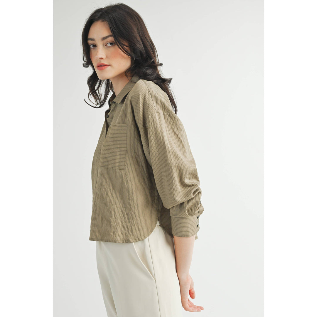 Striped Cropped Button Down Shirt in Olive Green