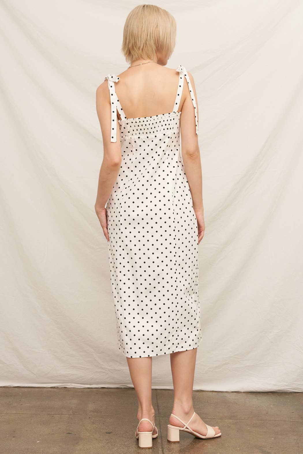 Sleeveless Black &amp; White Polka Dot Midi Dress with Slit