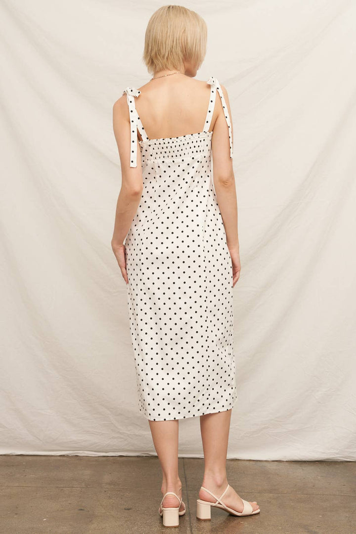 Sleeveless Black &amp; White Polka Dot Midi Dress with Slit
