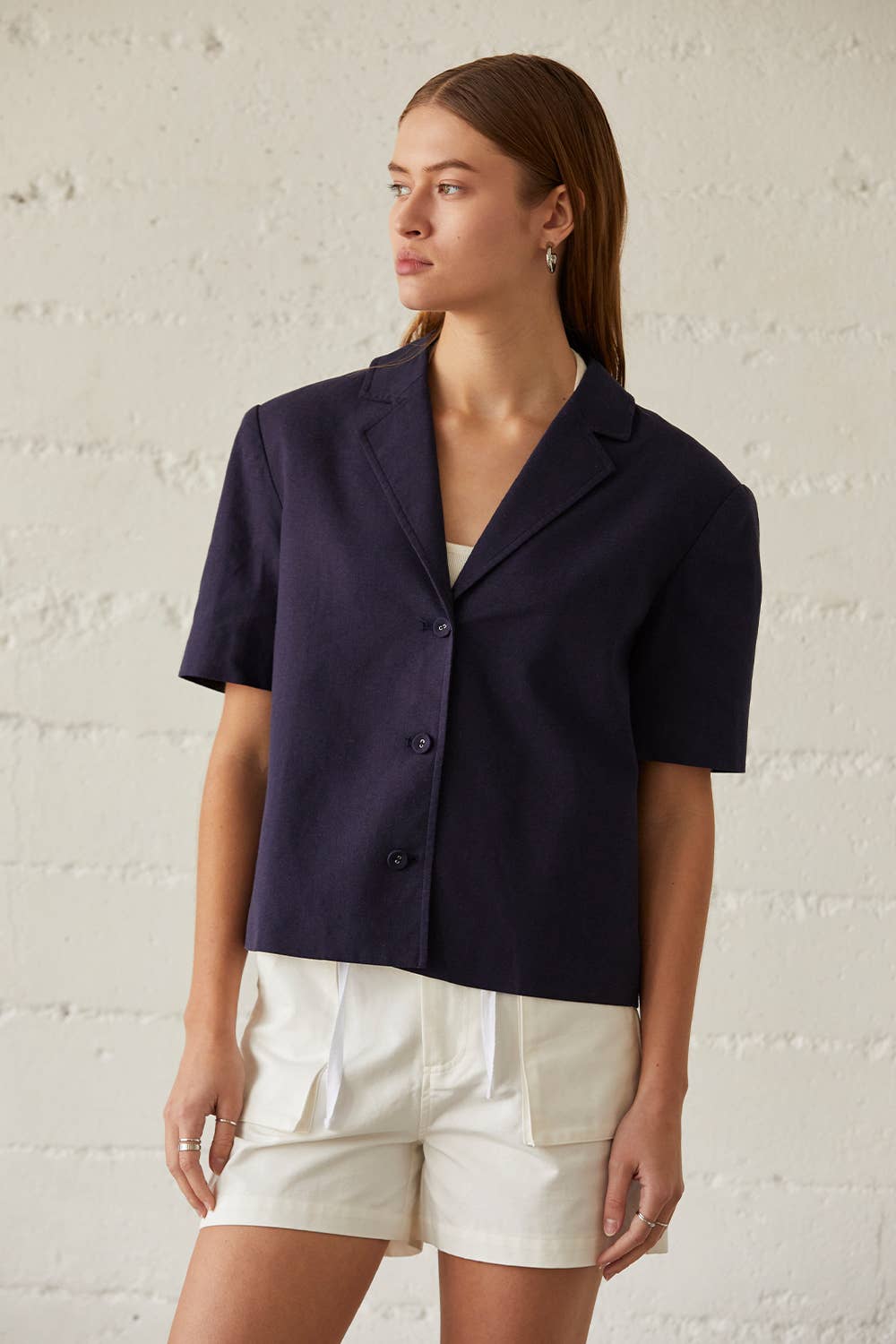 Bessie Short Sleeve Linen Blend Blazer in Navy Blue