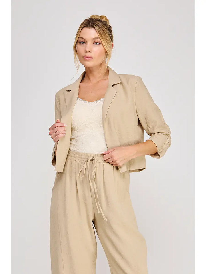 Linen Blend Cropped Cinched Sleeve Open Blazer