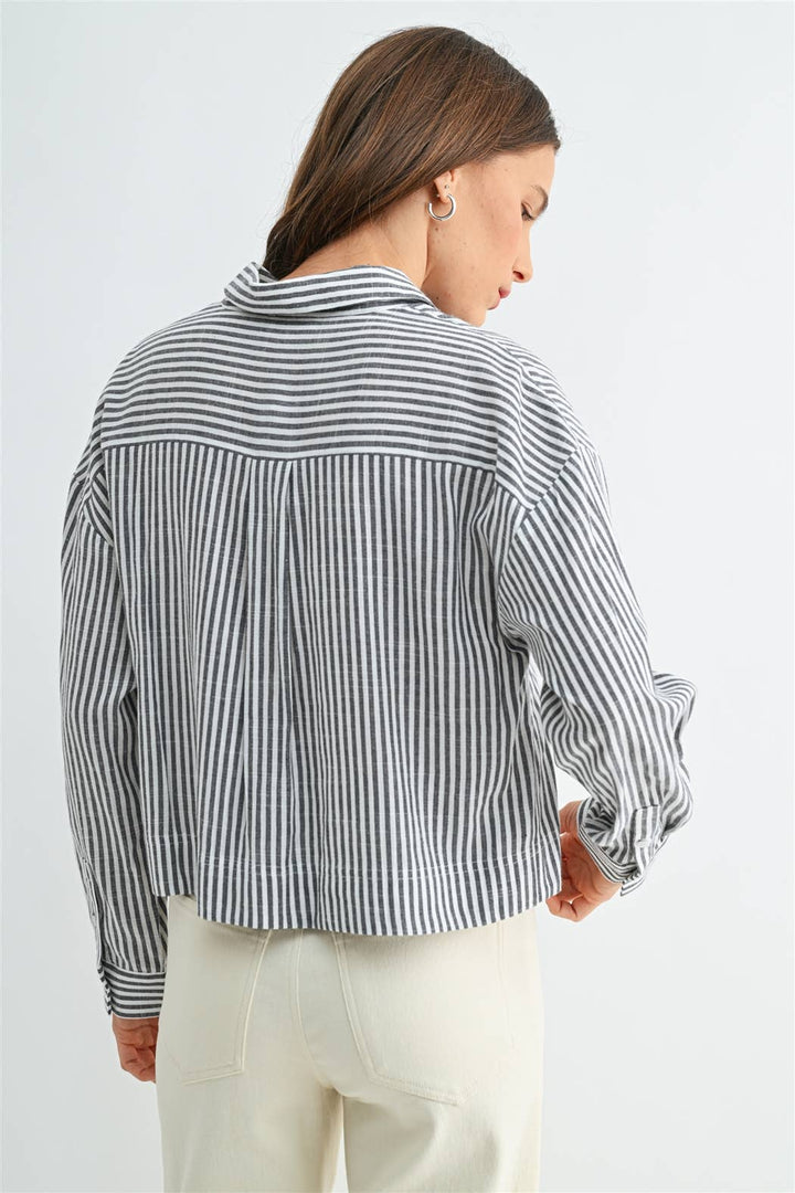 Long Sleeve Front Pocket Shirt in Grey &amp; White Striped