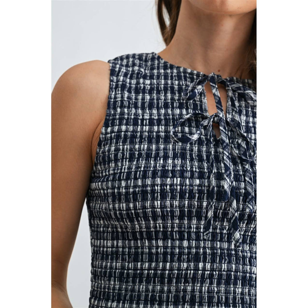 Gingham Sleeveless Peplum Tie Detail Smocked Top in Navy