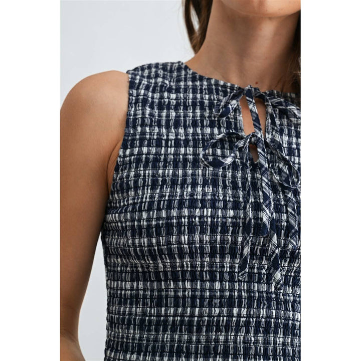 Gingham Sleeveless Peplum Tie Detail Smocked Top in Navy