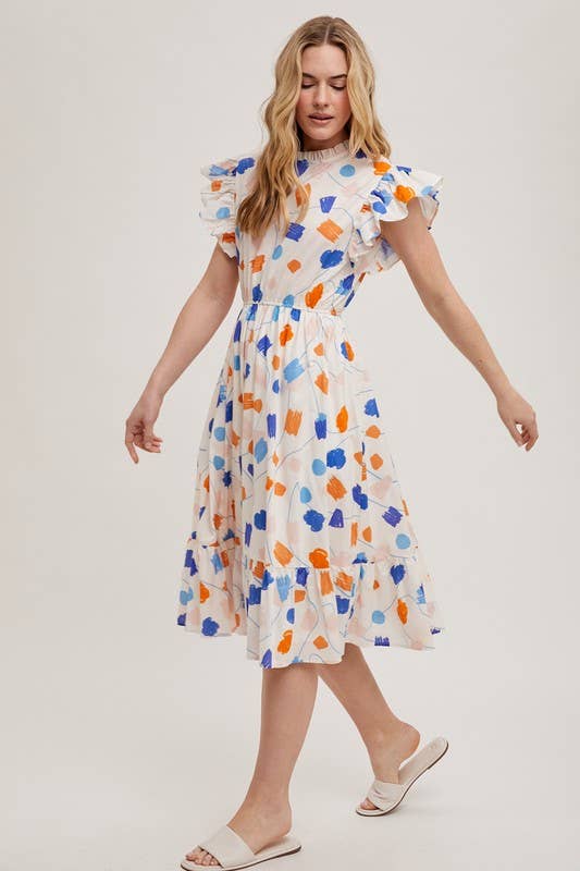 Geo Print Ruffle Sleeve Midi Dress