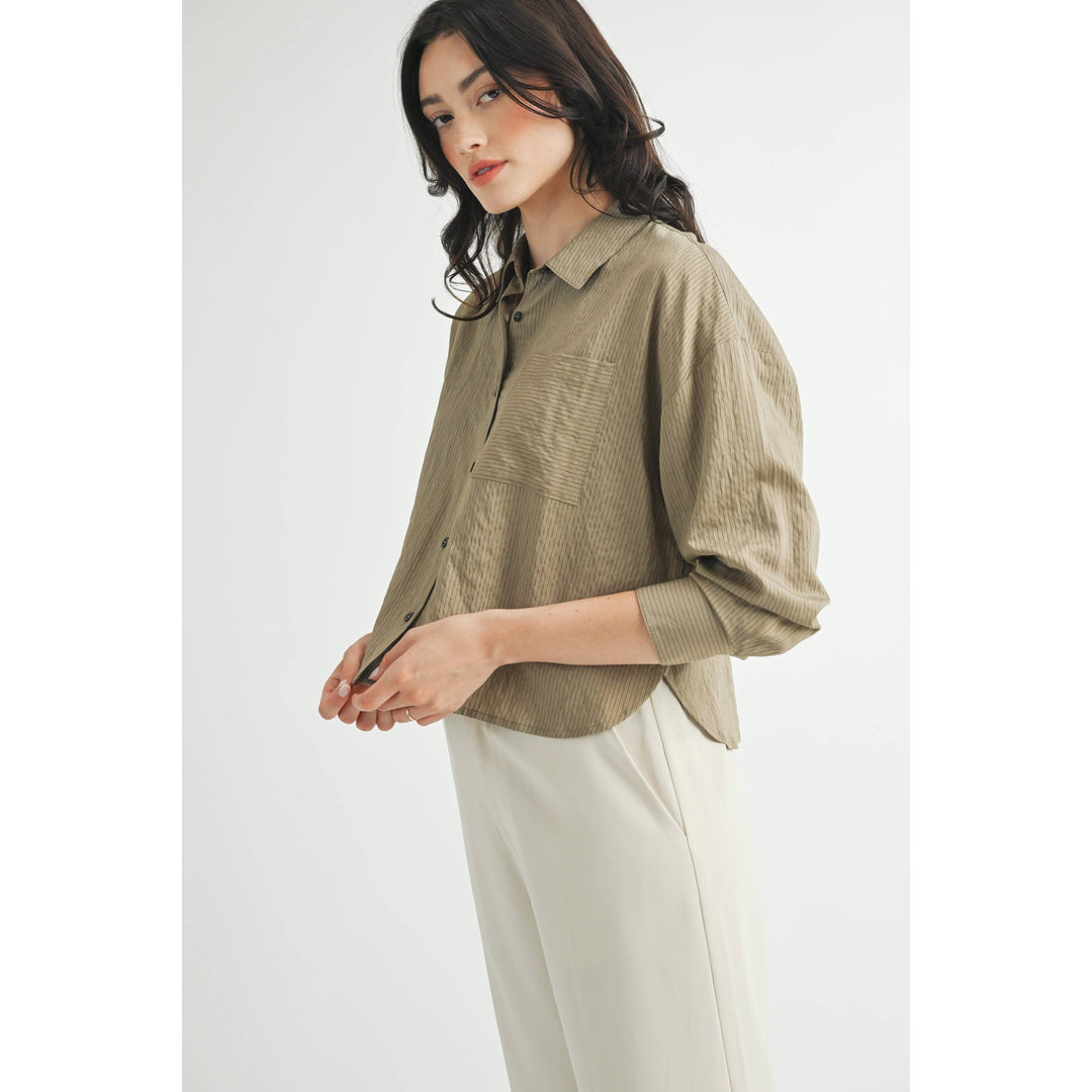 Striped Cropped Button Down Shirt in Olive Green