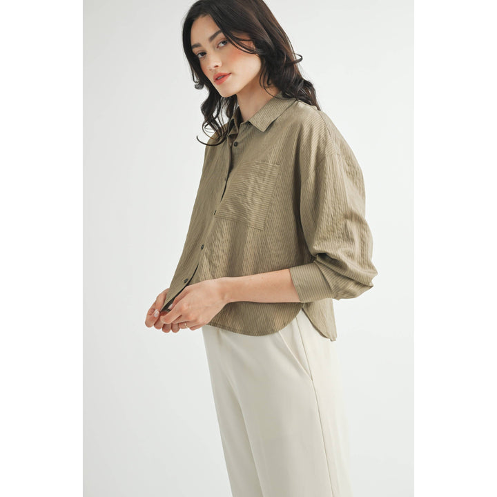 Striped Cropped Button Down Shirt in Olive Green