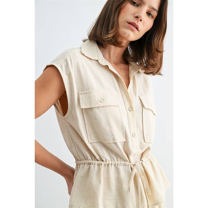 Linen Blend Elastic Waist Utility Dolman Shirt