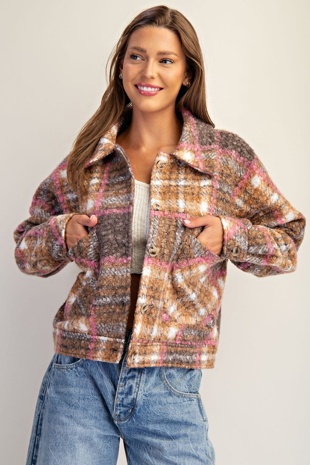 Plaid Textured Button Down Collared Jacket in Toffee Brown
