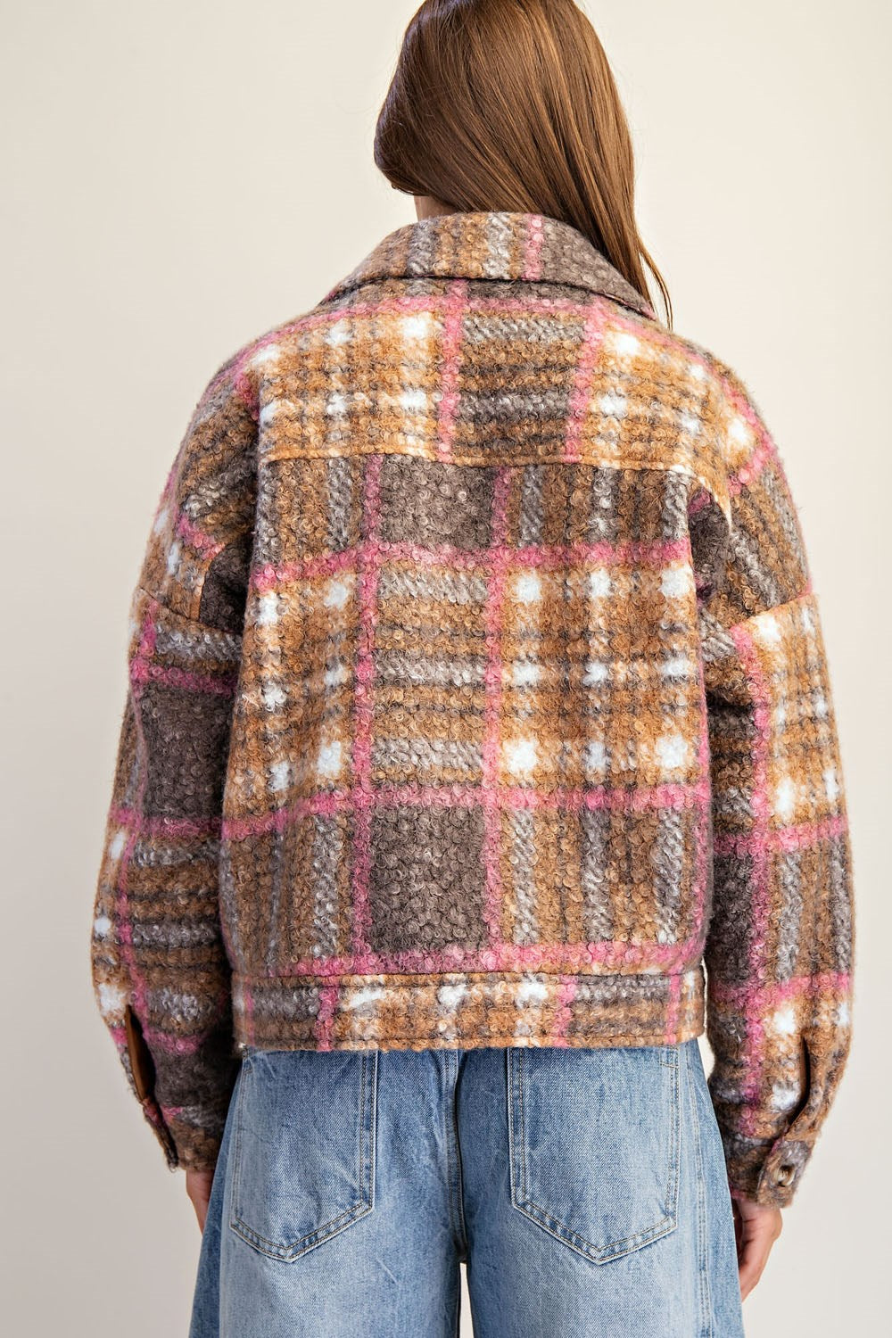 Plaid Textured Button Down Collared Jacket in Toffee Brown