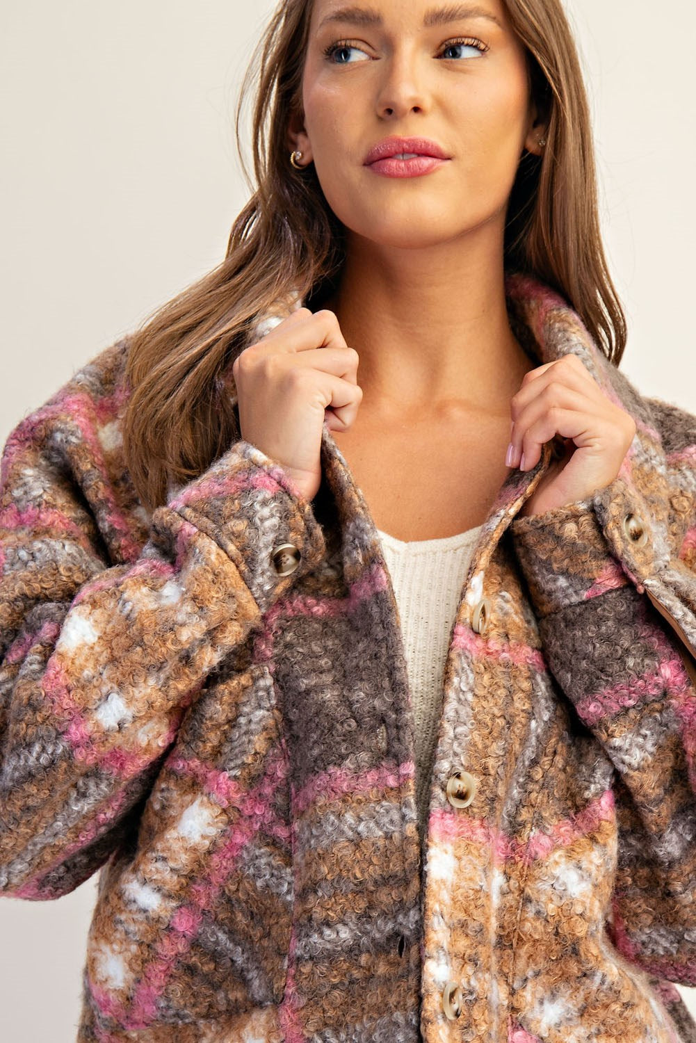 Plaid Textured Button Down Collared Jacket in Toffee Brown