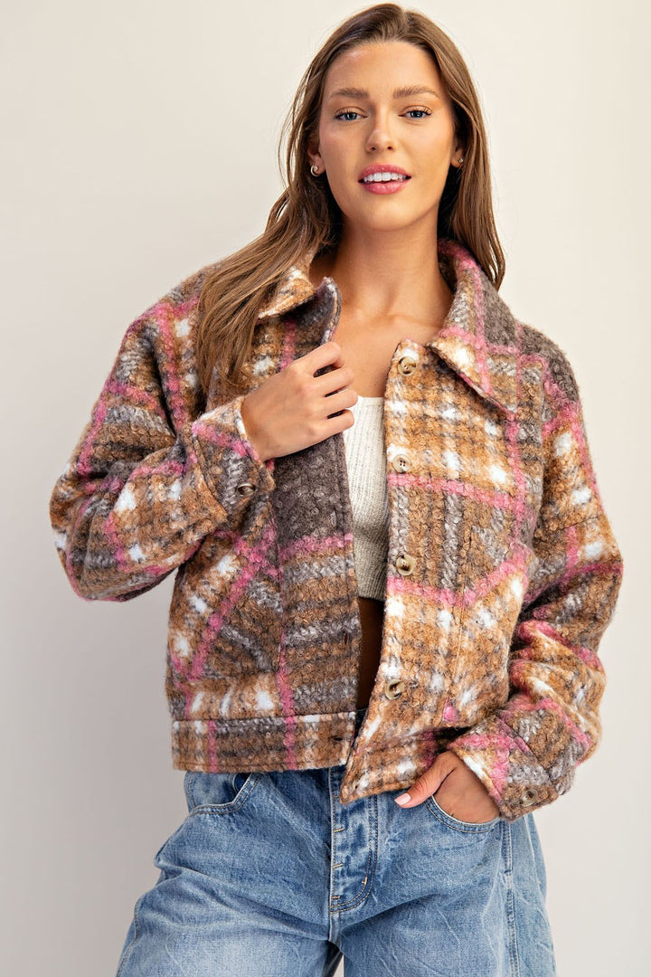 Plaid Textured Button Down Collared Jacket in Toffee Brown