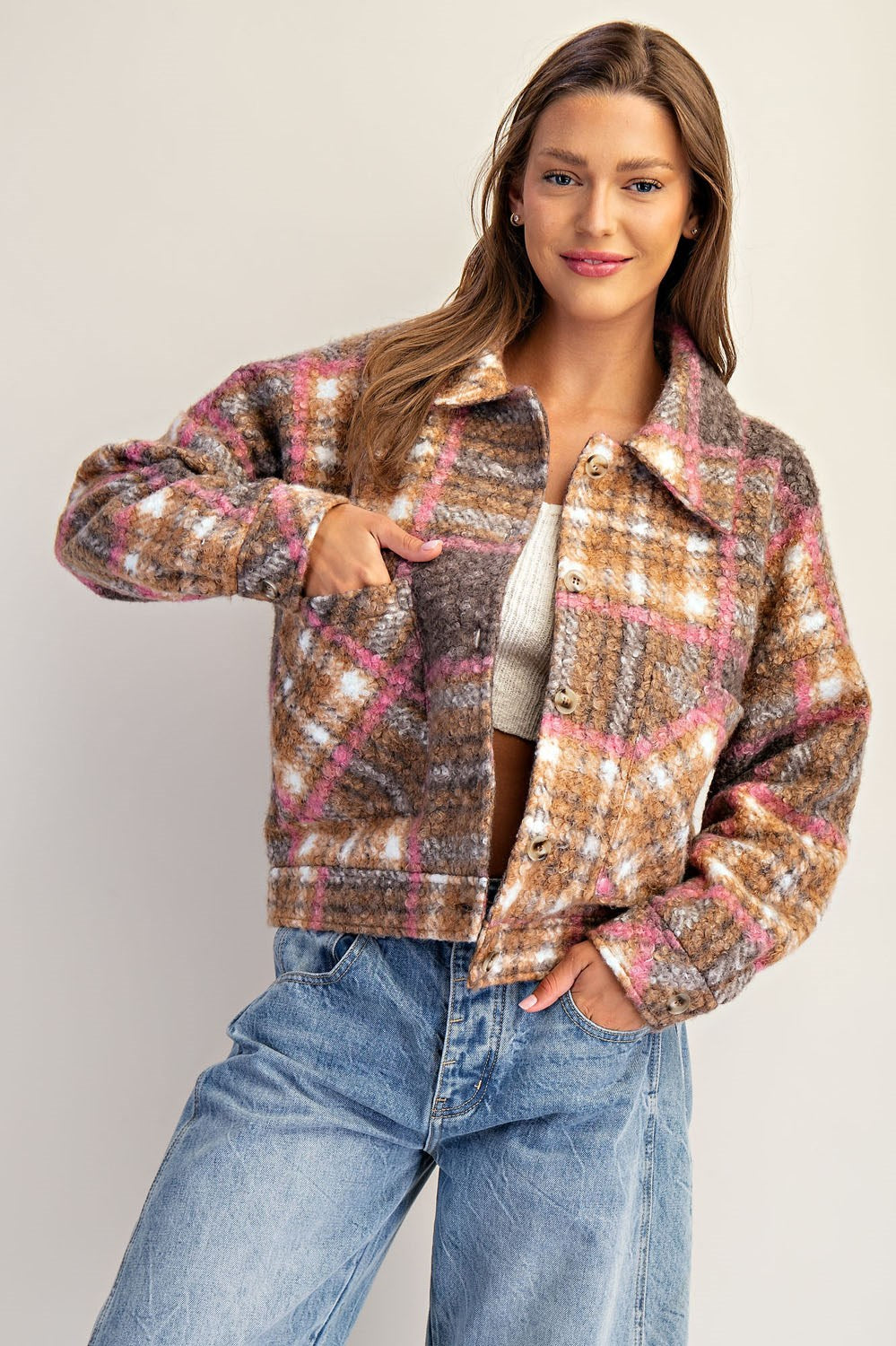 Plaid Textured Button Down Collared Jacket in Toffee Brown