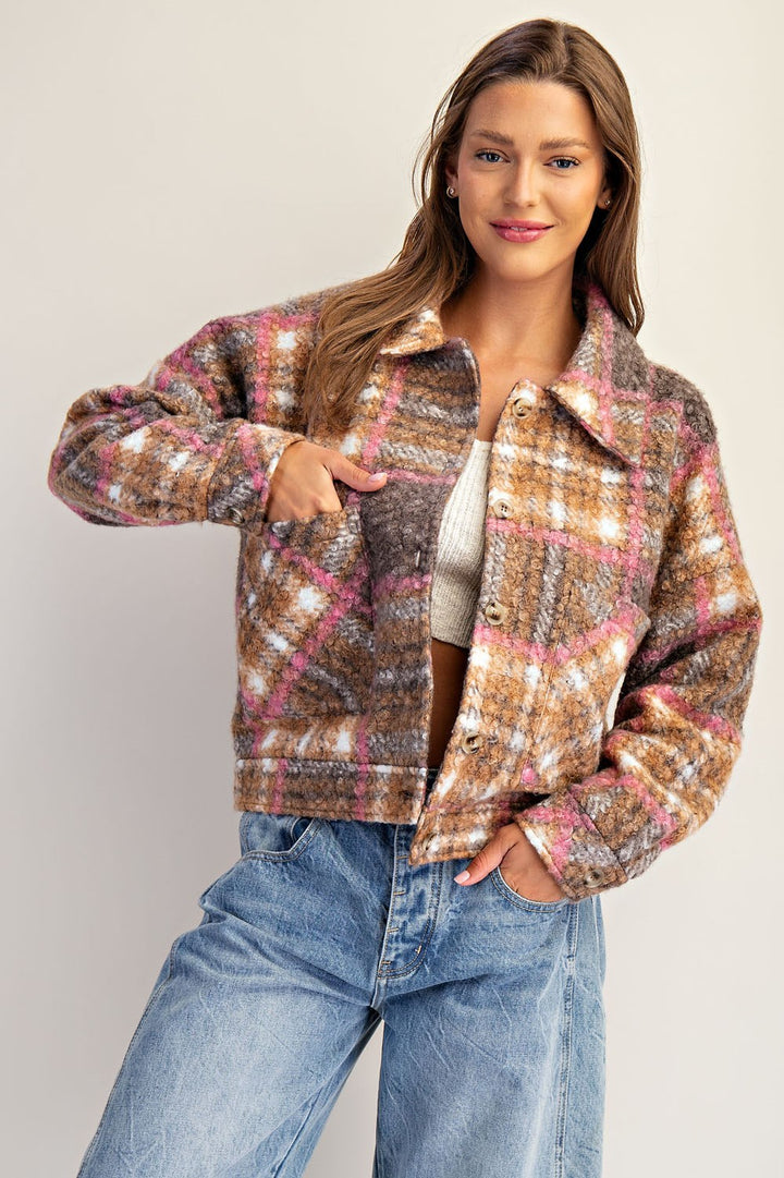 Plaid Textured Button Down Collared Jacket in Toffee Brown