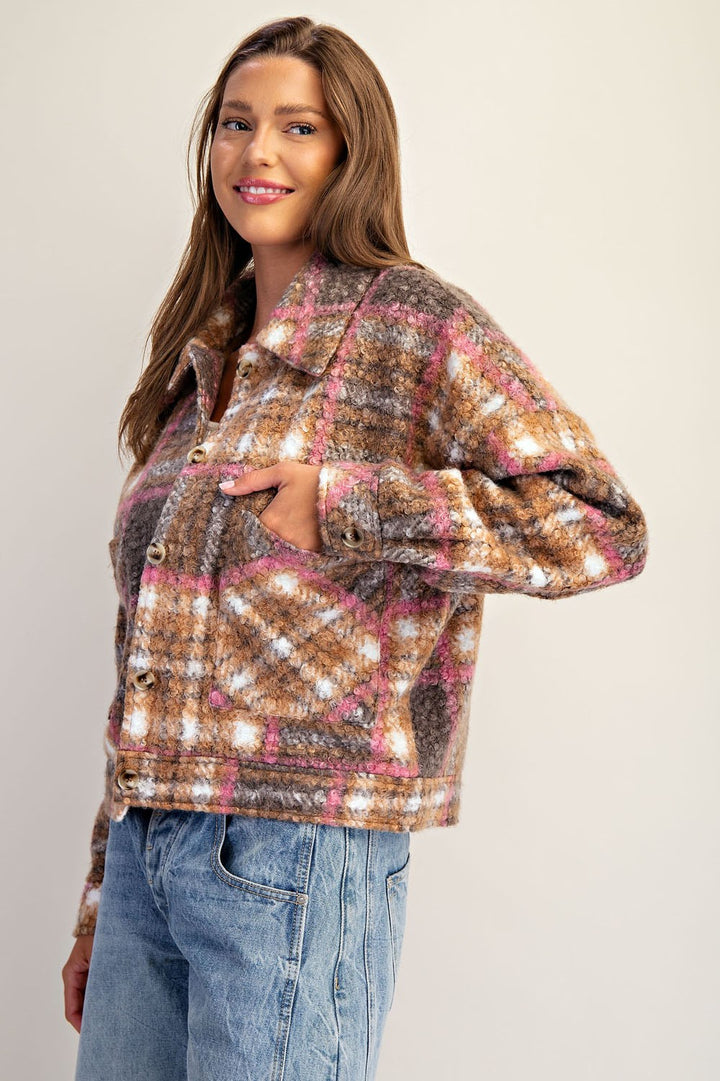 Plaid Textured Button Down Collared Jacket in Toffee Brown