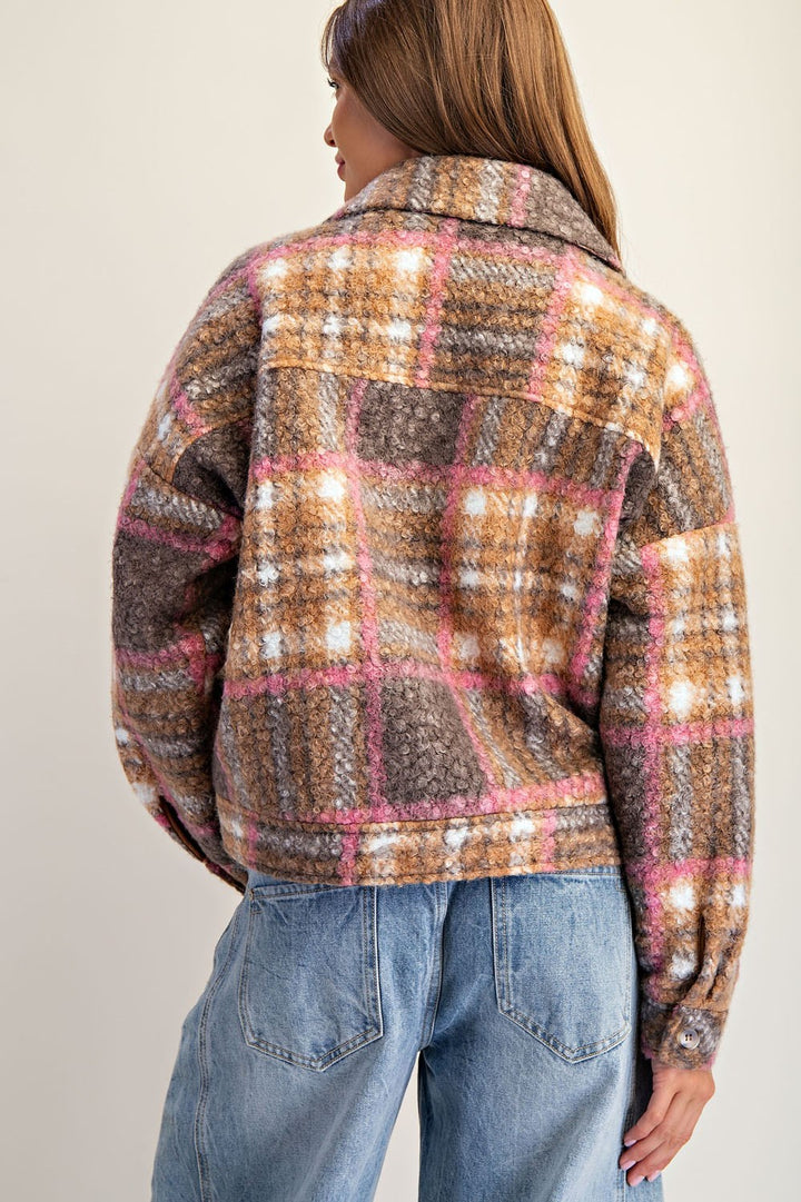 Plaid Textured Button Down Collared Jacket in Toffee Brown