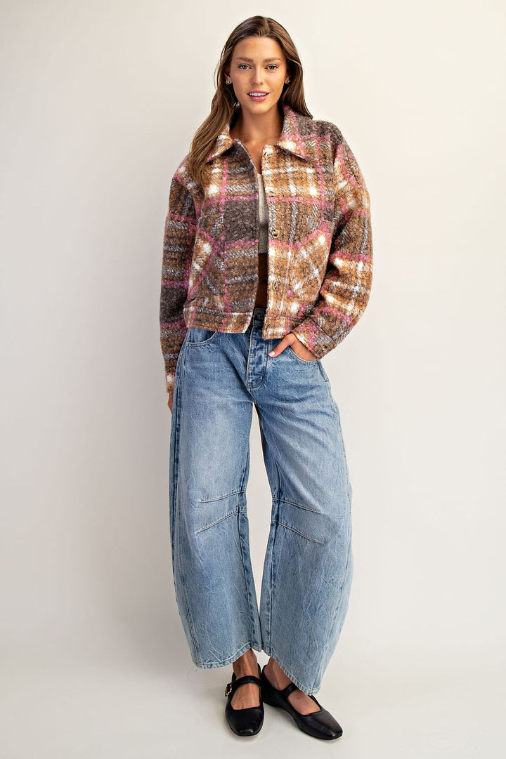 Plaid Textured Button Down Collared Jacket in Toffee Brown