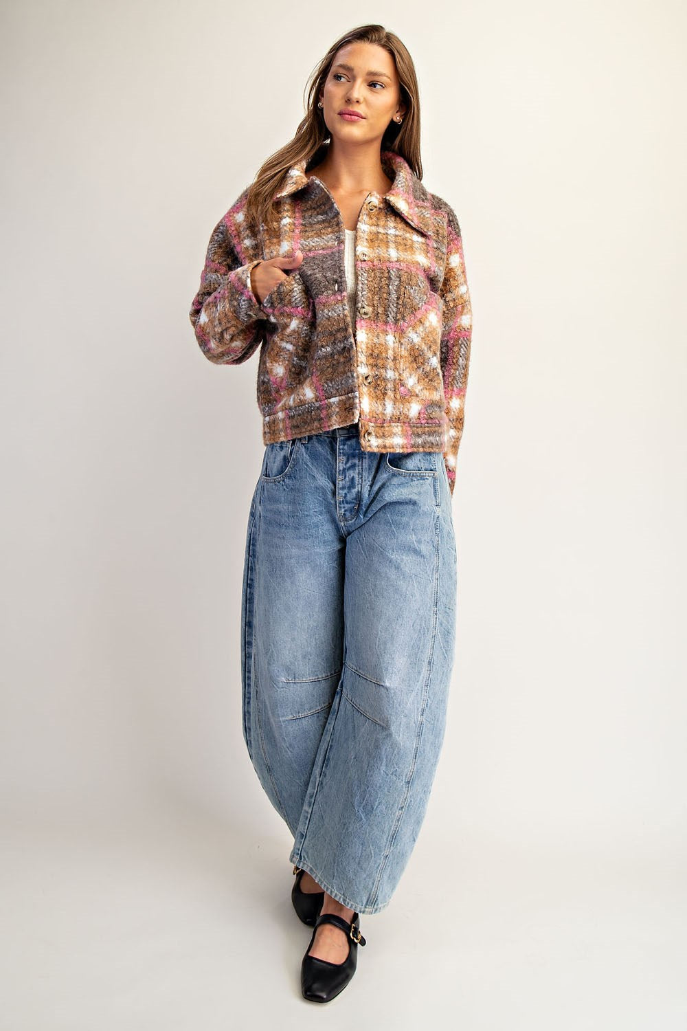 Plaid Textured Button Down Collared Jacket in Toffee Brown