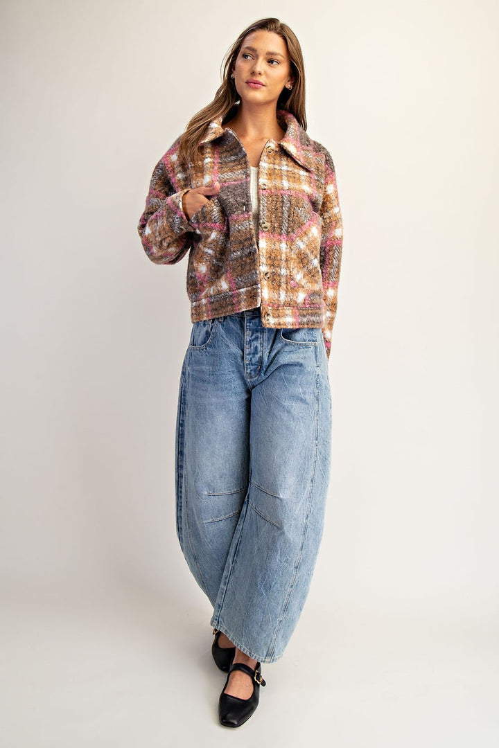 Plaid Textured Button Down Collared Jacket in Toffee Brown