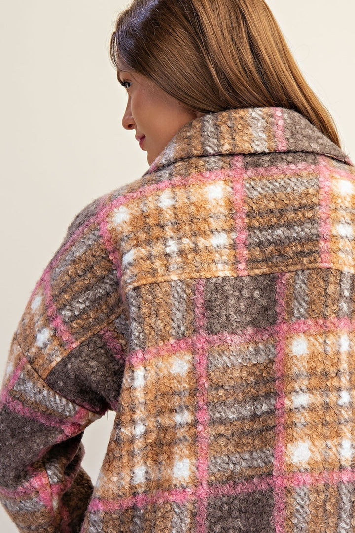 Plaid Textured Button Down Collared Jacket in Toffee Brown