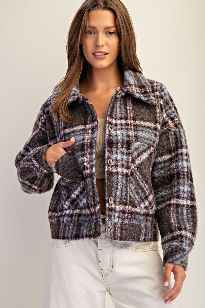 Plaid Textured Button Down Collared Jacket in Winter Forest