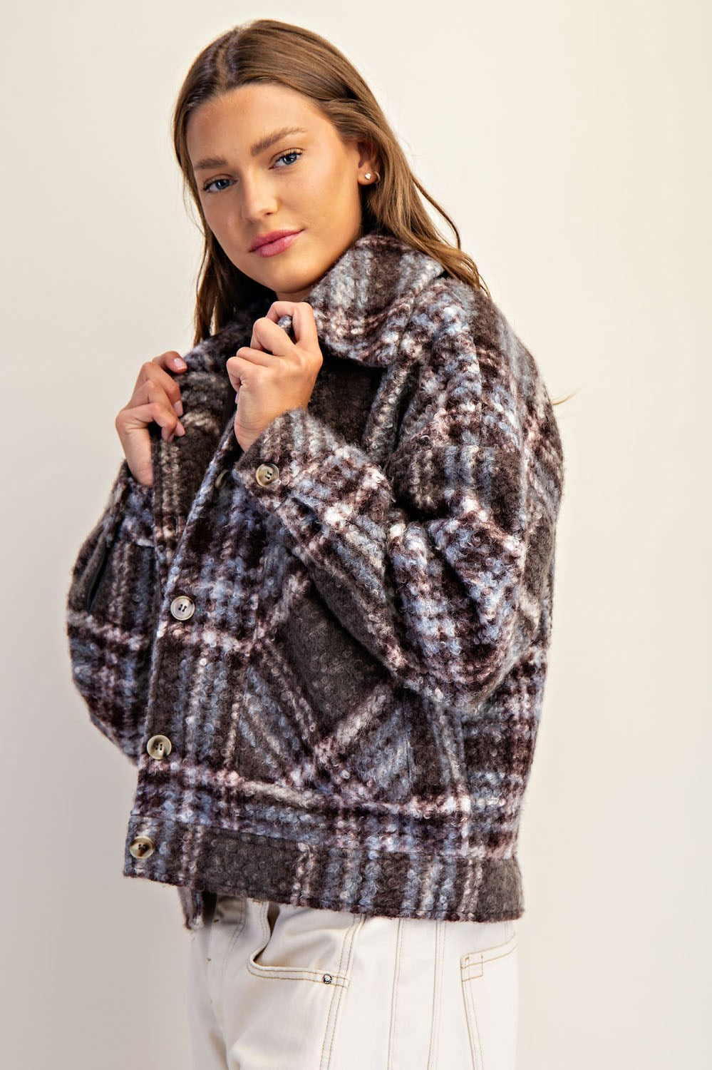 Plaid Textured Button Down Collared Jacket in Winter Forest