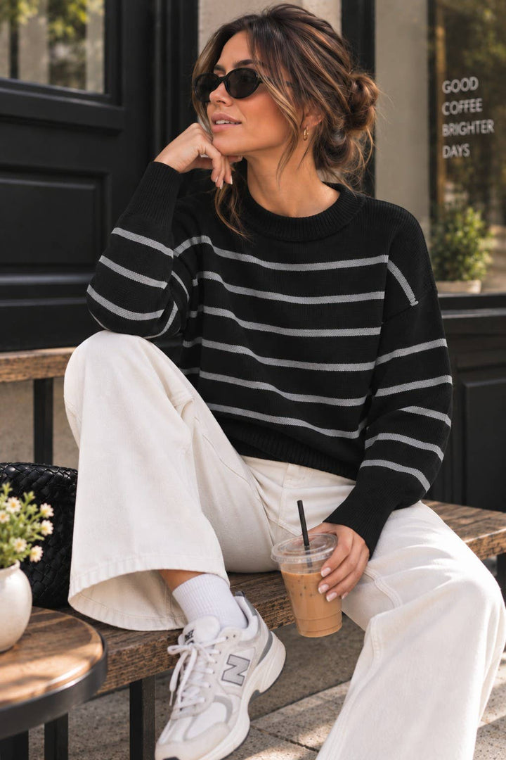 Marcella Sweater in Black &amp; Gray Stripe