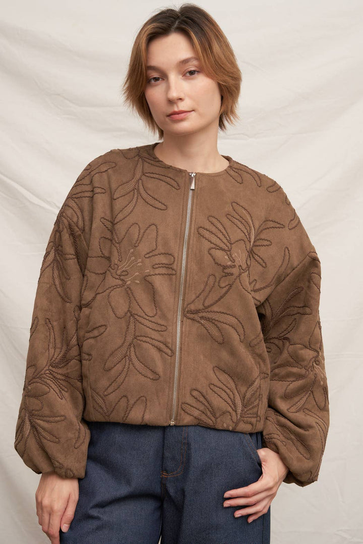 Embroidered Floral Pattern Bomber Jacket in Brown