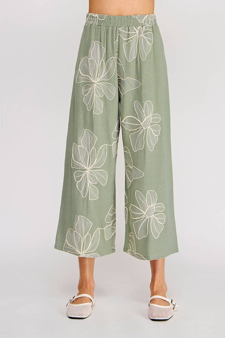 Floral Embroidered Linen Blend Pants in Sage Green