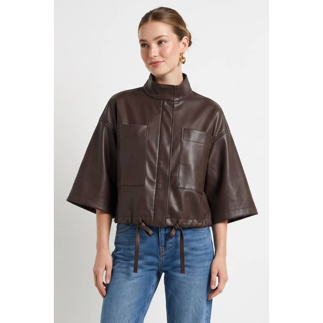 Drawstring Hem Boxy Vegan Leather Jacket