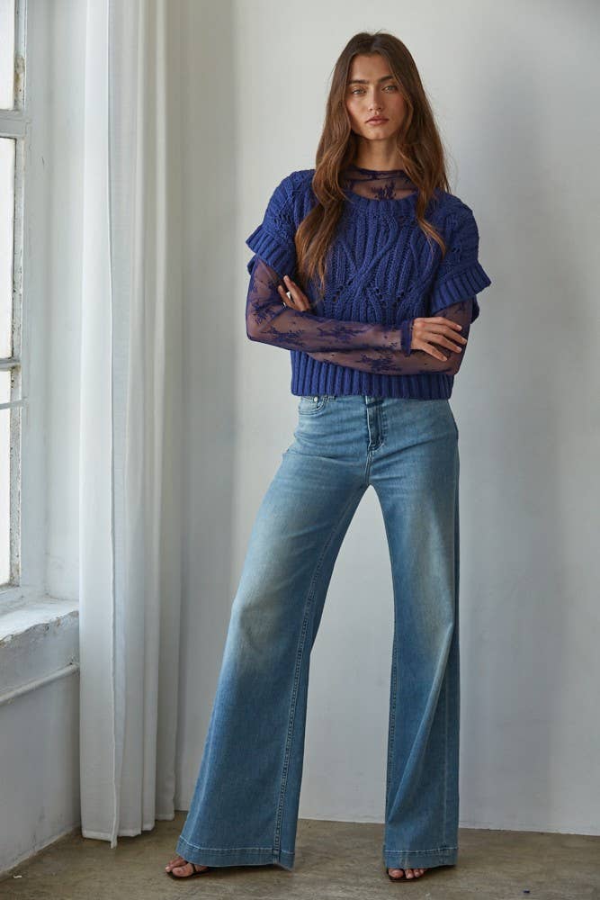 W1124 | Knit Sweater Crochet Round Neck Short Sleeve Top