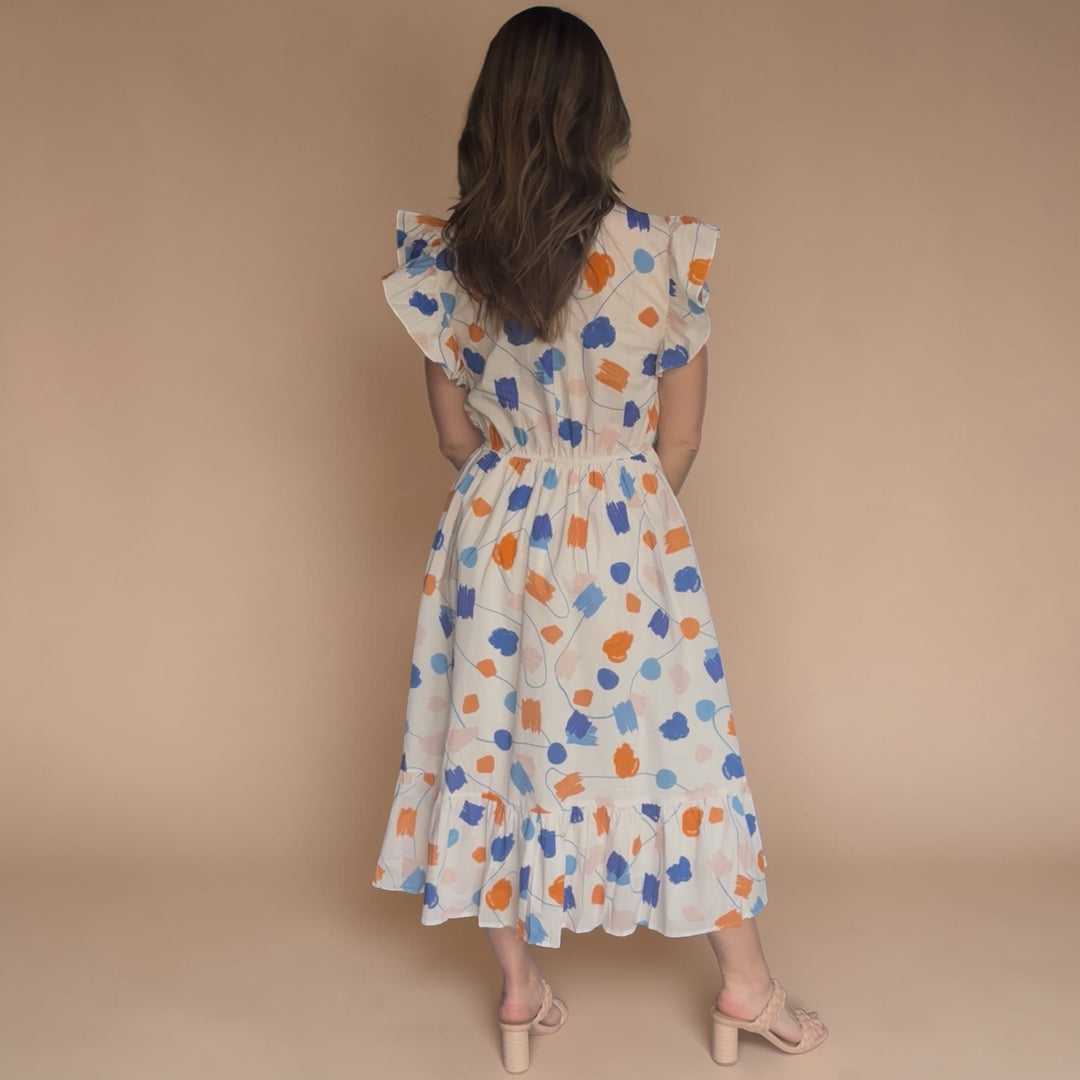 Geo Print Ruffle Sleeve Midi Dress