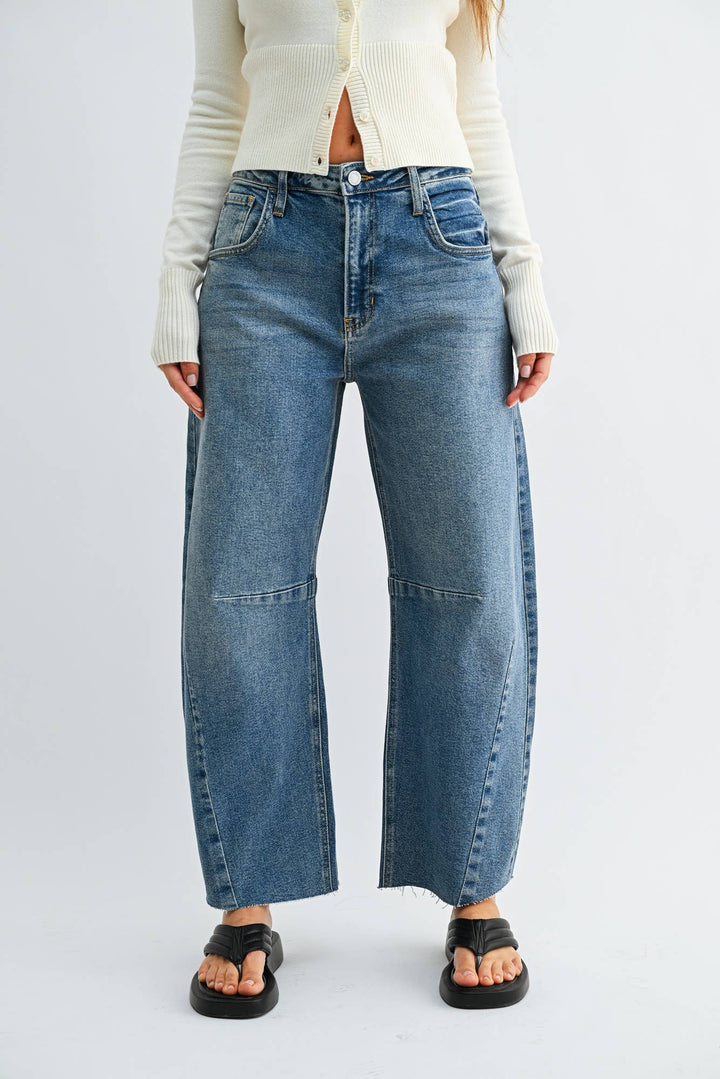Raw Hem Barrel Jeans in Medium Wash - 27" Inseam