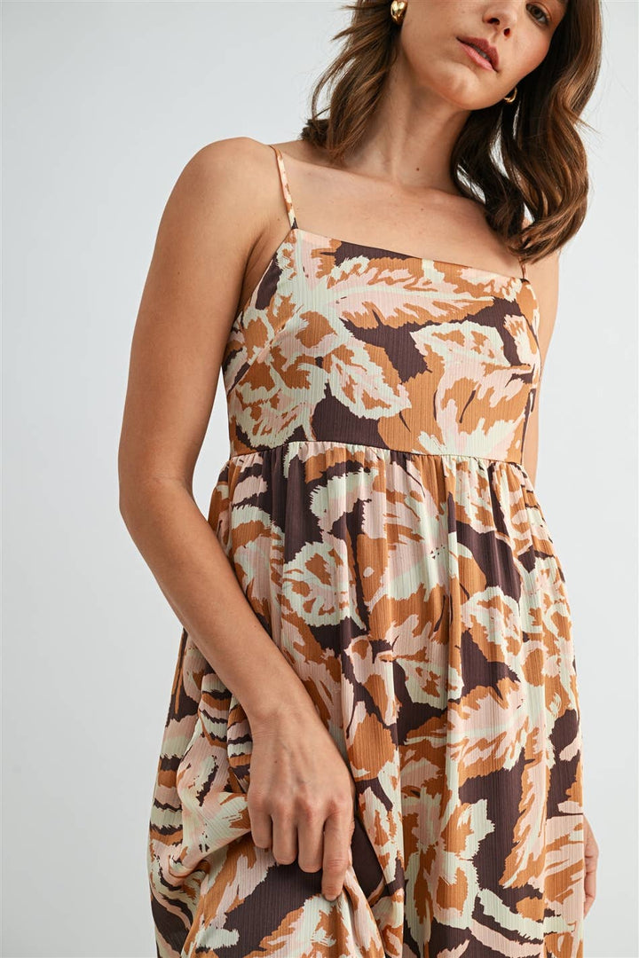 Leaf Print Smocked Back Dress in Brown Multi Color