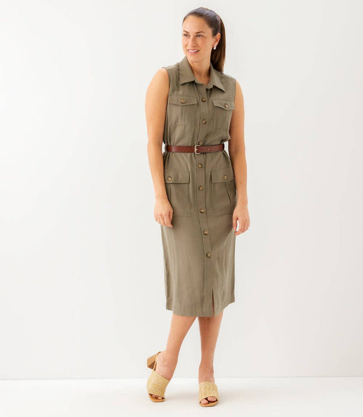 Sleeveless Midi Shirtdress in Olive