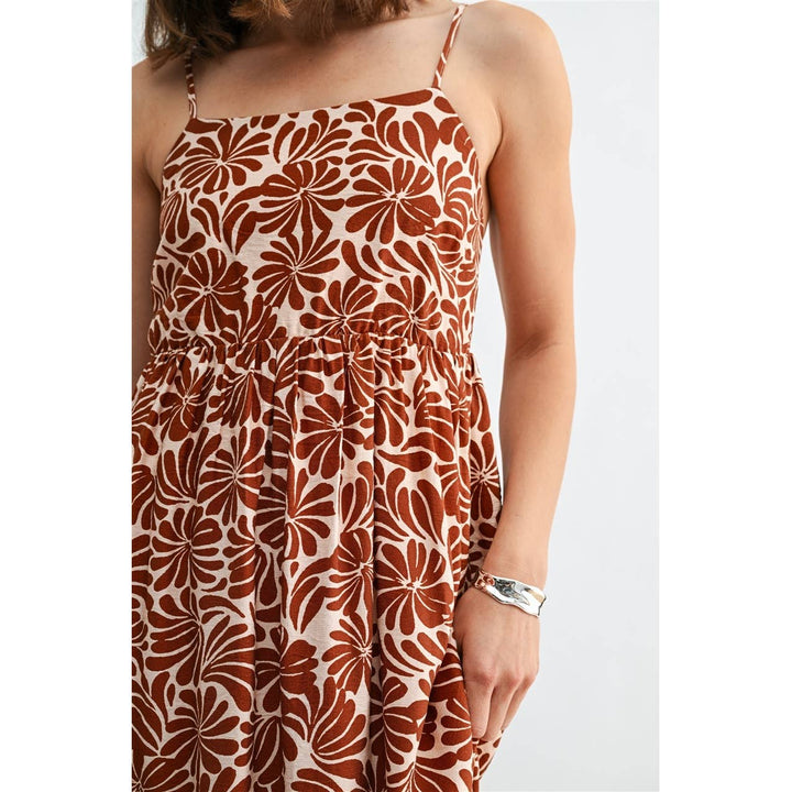 Flower Print Smocked Back Midi Dress in Orange