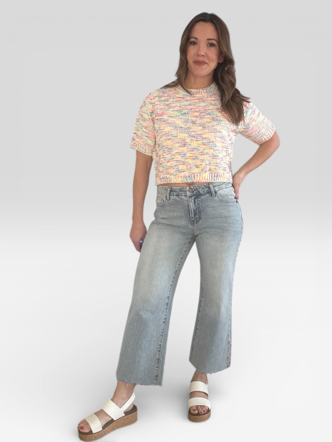 Multi-color Short Sleeved Knit Sweater