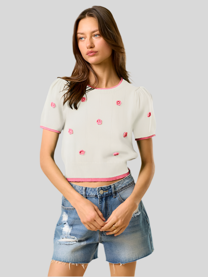 Pink &amp; White Short Sleeve Sweater