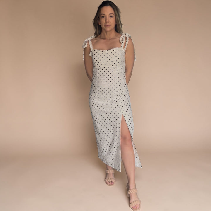 Sleeveless Black &amp; White Polka Dot Midi Dress with Slit