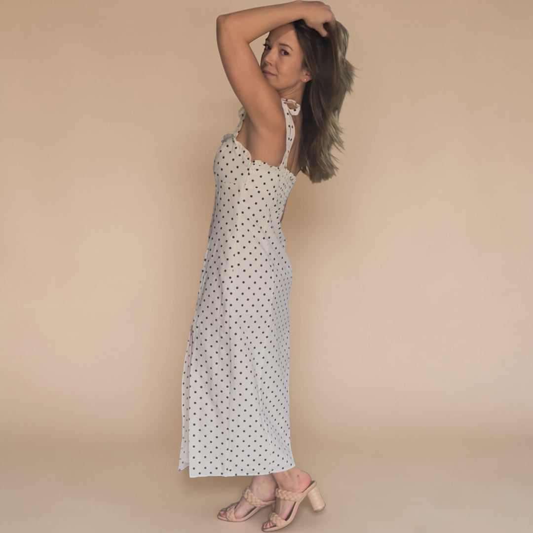 Sleeveless Black &amp; White Polka Dot Midi Dress with Slit