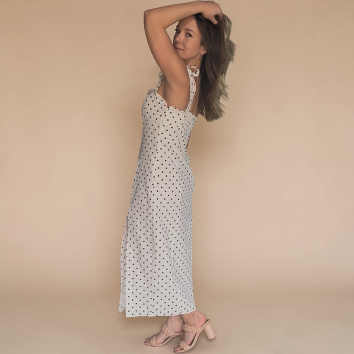 Sleeveless Black &amp; White Polka Dot Midi Dress with Slit