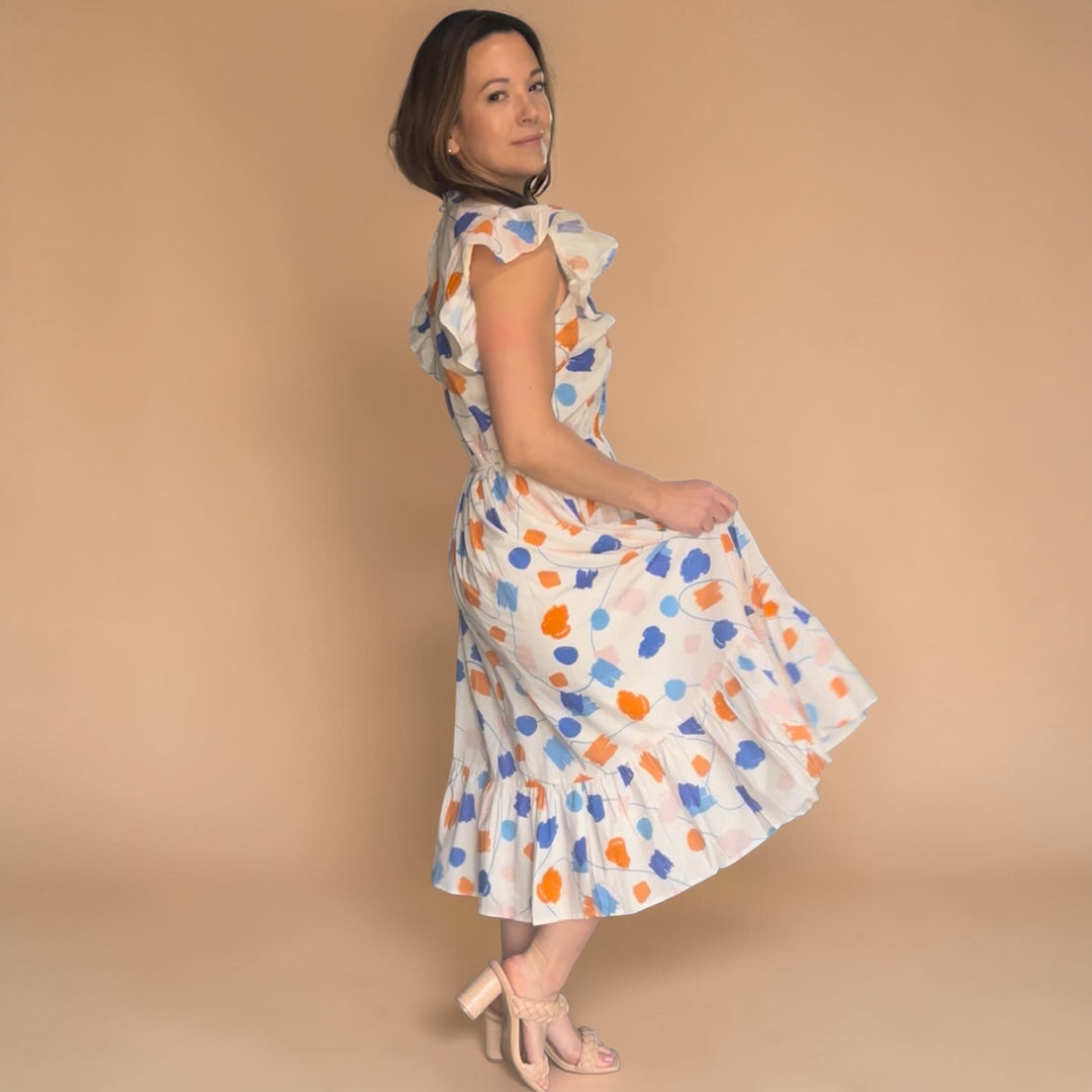 Geo Print Ruffle Sleeve Midi Dress