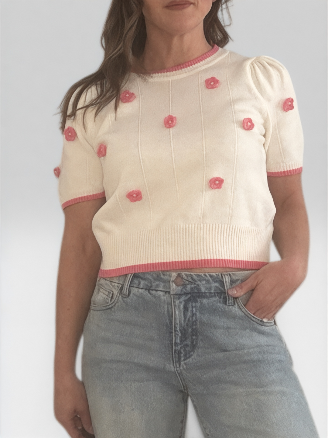 Pink &amp; White Short Sleeve Sweater