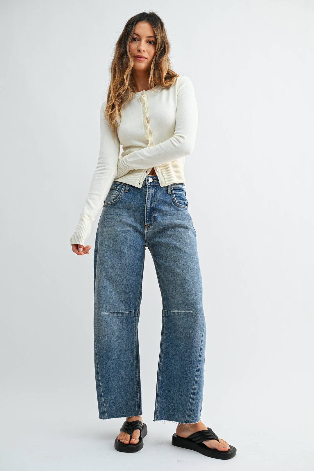 Raw Hem Barrel Jeans in Medium Wash - 27" Inseam