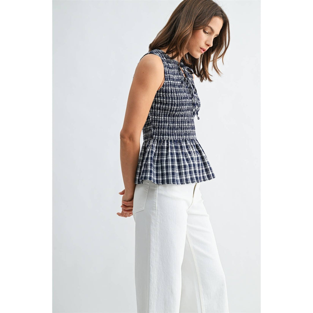 Gingham Sleeveless Peplum Tie Detail Smocked Top in Navy